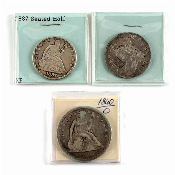 LOT OF 3: BUST HALF COIN, SEATED HALF AND SEATED DOLLAR.