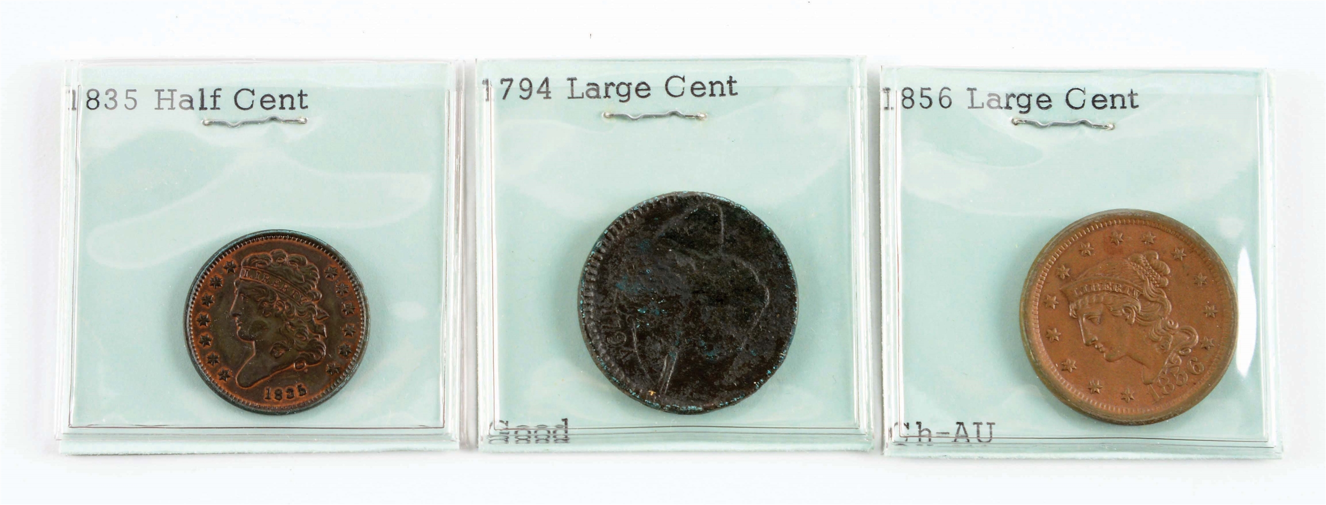 LOT OF 3: 1/2 CENT AND 2 LARGE CENTS.