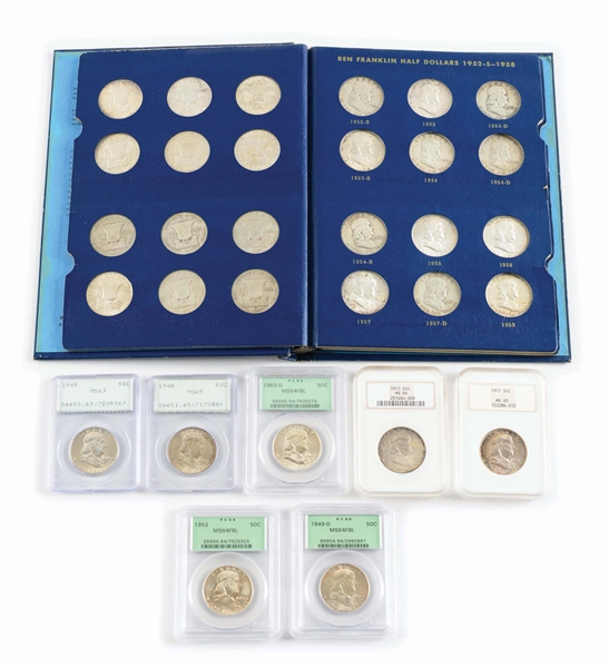 LARGE LOT OF FRANKLIN HALF DOLLARS BOOK AND 7 GRADED COINS.