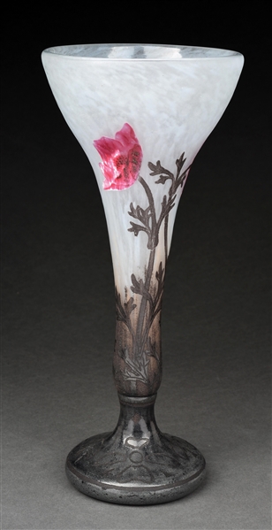DAUM NANCY VASE WITH PADDED AND CARVED POPPIES.
