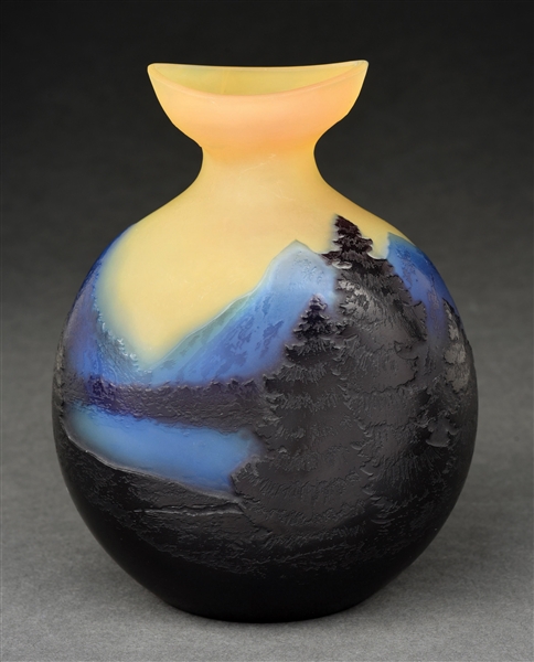 GALLE CAMEO VASE WITH BLUE MOUNTAIN SCENE.