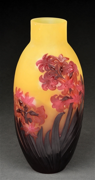 LARGE GALLE VASE WITH BLOWN OUT HYACINTH FLOWERS.