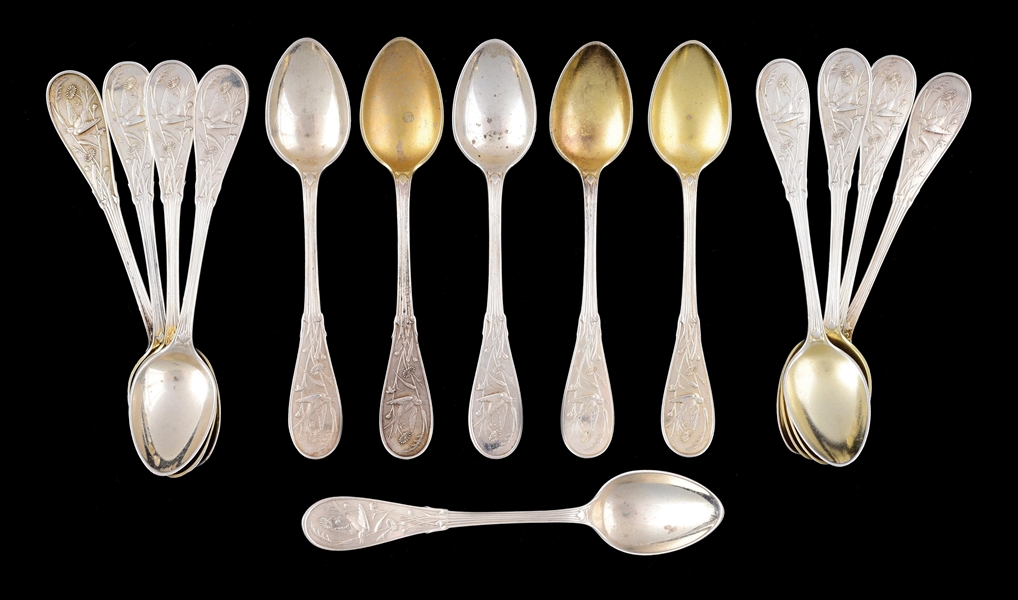 A SET OF ELEVEN TIFFANY STERLING JAPANESE PATTERN TABLESPOONS. 