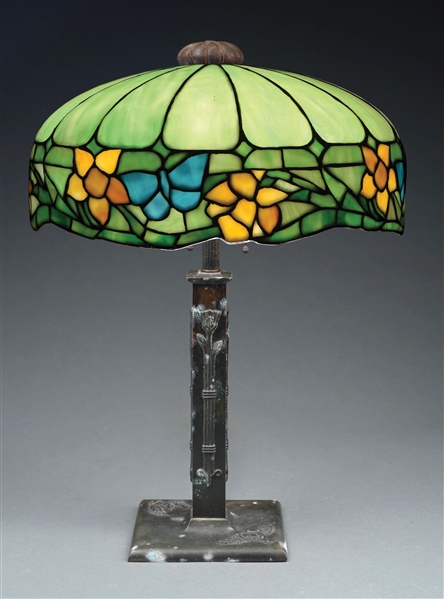 ANTIQUE LEADED GLASS TABLE LAMP WTIH FLOWERS AND BUTTERFLIES.