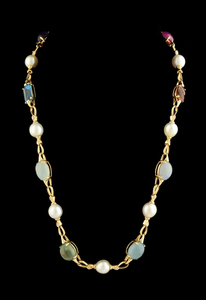 18K GOLD PEARL, MULTI-COLOR GEMSTONE AND DIAMOND NECKLACE.