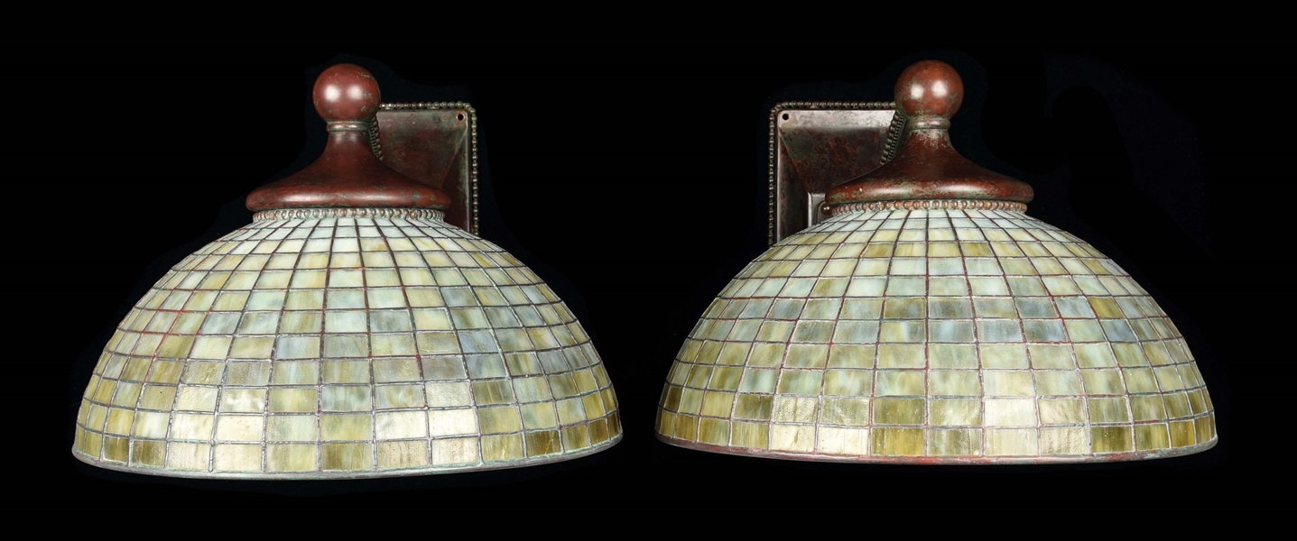 PAIR OF LEADED GLASS SCONCES ATTRIBUTED TO TIFFANY STUDIOS.