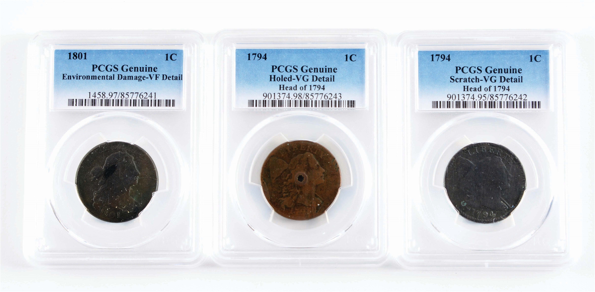 LOT OF 3: EARLY LARGE CENTS, ALL GRADED. 
