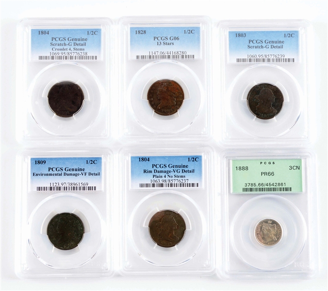 LOT OF 6: 5 1/2 CENTS & 1 PROOF 3 CENT, ALL PCGS.