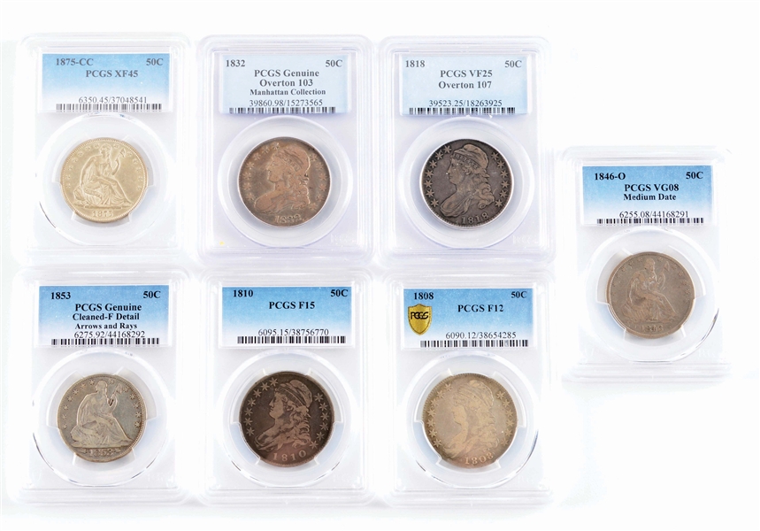 LOT OF 7: 4 CAPPED BUST & 3 SEATED LIBERTY HALF DOLLARS, ALL PCGS.