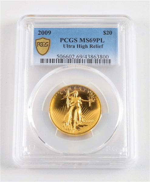 2009 $20 GOLD, PCGS, MS69, PL, ULTRA HIGH-RELIEF.