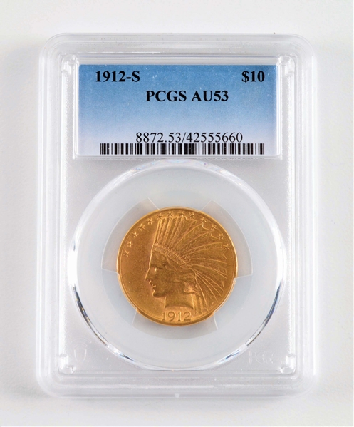 1912-S $10 GOLD INDIAN, AU53, PCGS.