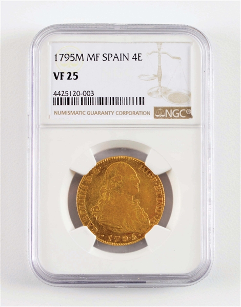 1795-M GOLD COIN MF SPAIN GOLD ESCUDOS, VF25, NGC.
