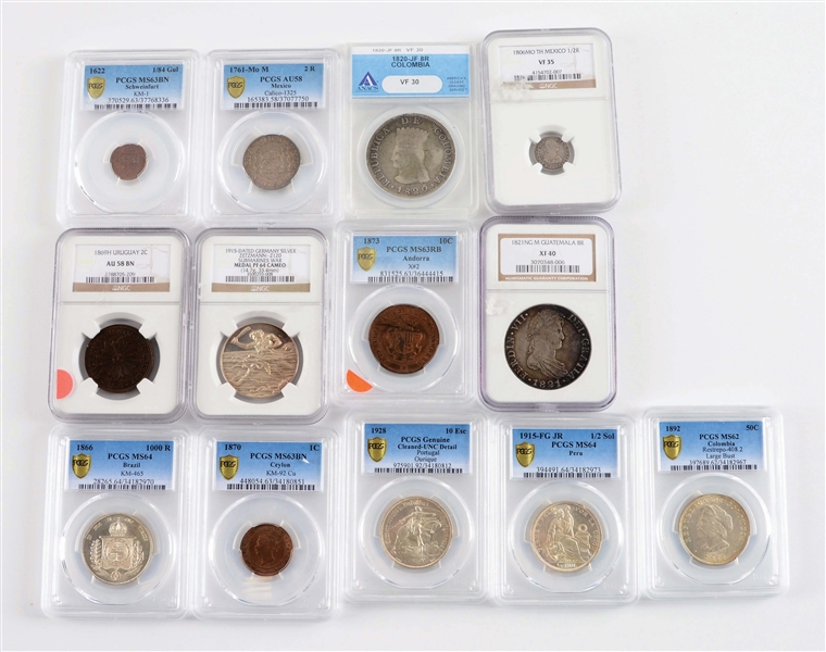 LOT OF 13: COINS FROM GERMANY, URUGUAY, AND COLOMBIA.