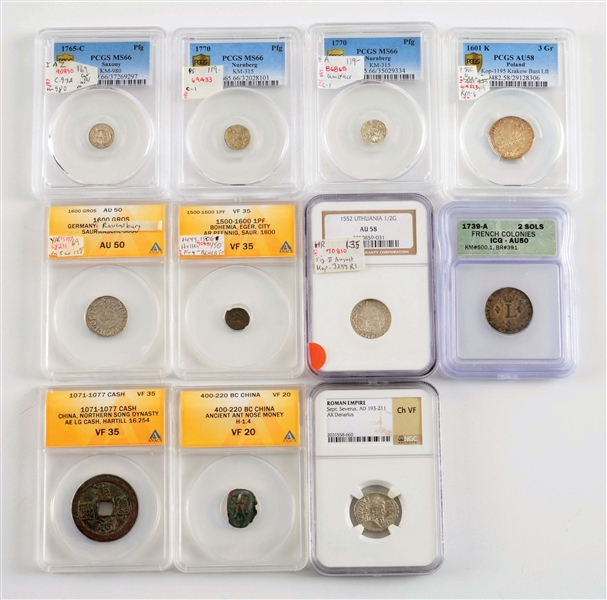 LOT OF 11: GRADED FOREIGN COINS.