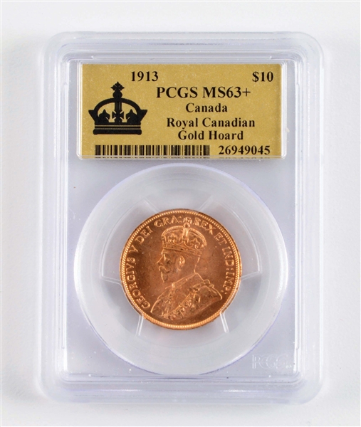 1913 CANADIAN $10 GOLD COIN, MS63+, PCGS.
