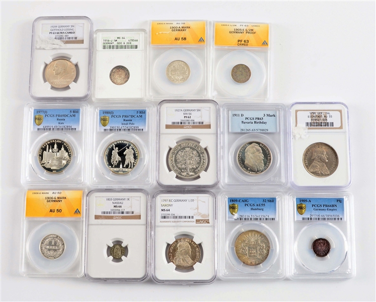 LOT OF 14: COINS FROM GERMANY, HAMBURG, AND RUSSIA.