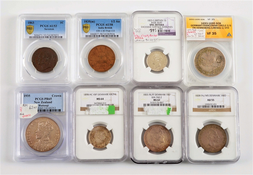 LOT OF 8: COINS FROM DENMARK, INDIA, GERMANY, GREAT BRITAIN, AND NEW ZEALAND.