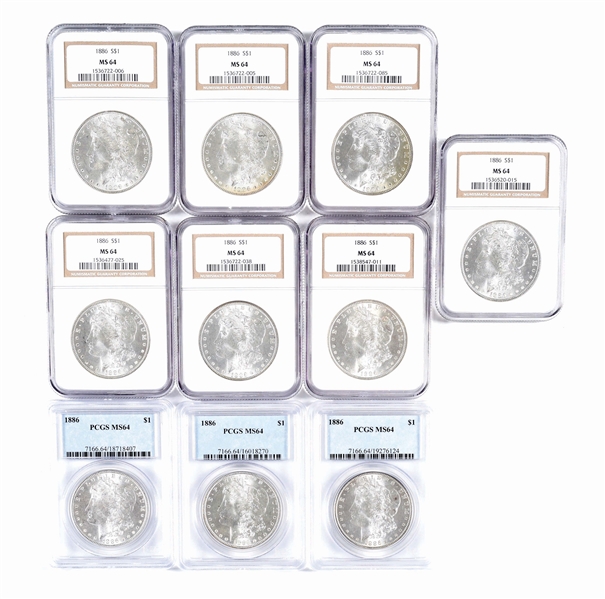 LOT OF 10: 1886 MORGAN SILVER DOLLARS, ALL MS64, NGC AND PCGS.