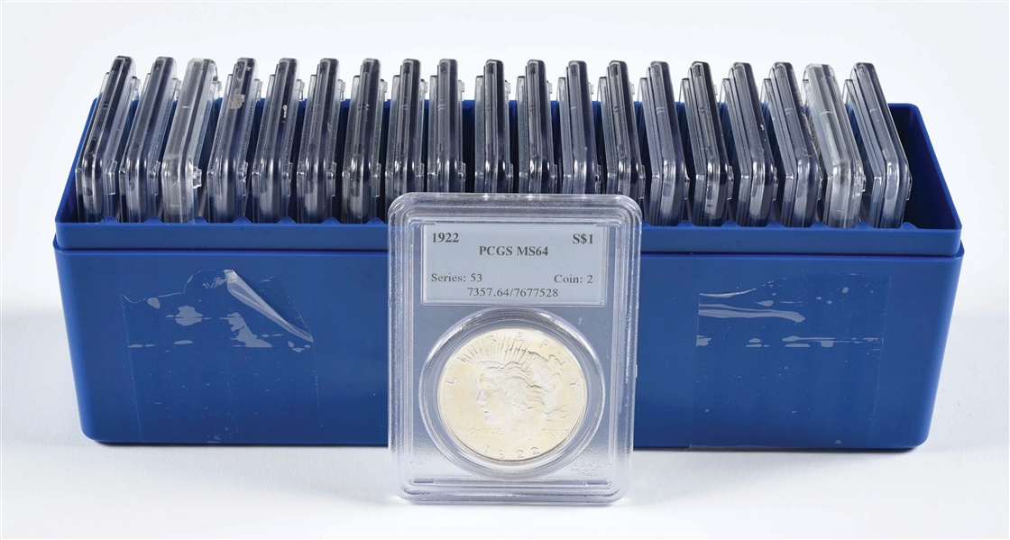 LOT OF 20: PEACE SILVER DOLLARS, ALL GRADED PCGS.