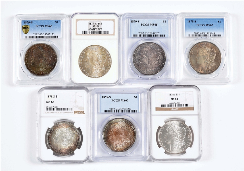 LOT OF 7: MORGAN SILVER DOLLARS, ALL GRADED, NGC AND PCGS.