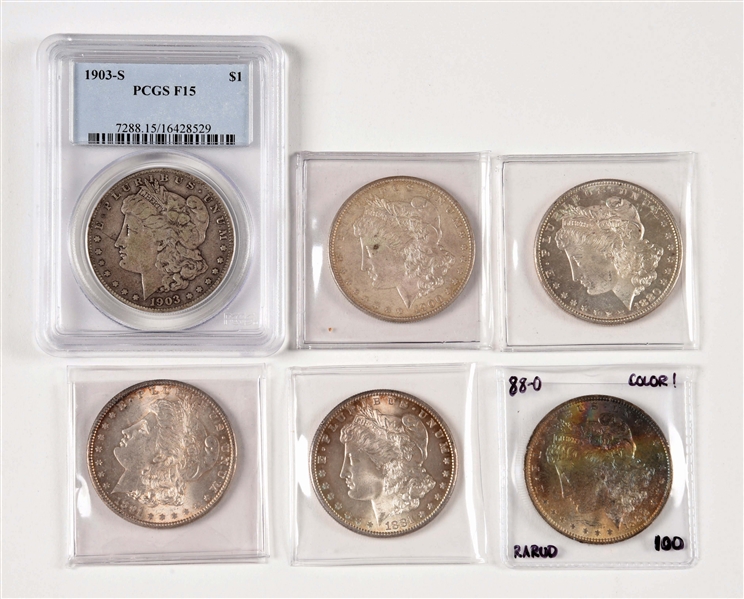 LOT OF 6: MORGAN SILVER DOLLARS, 5 UNGRADED AND 1 GRADED.