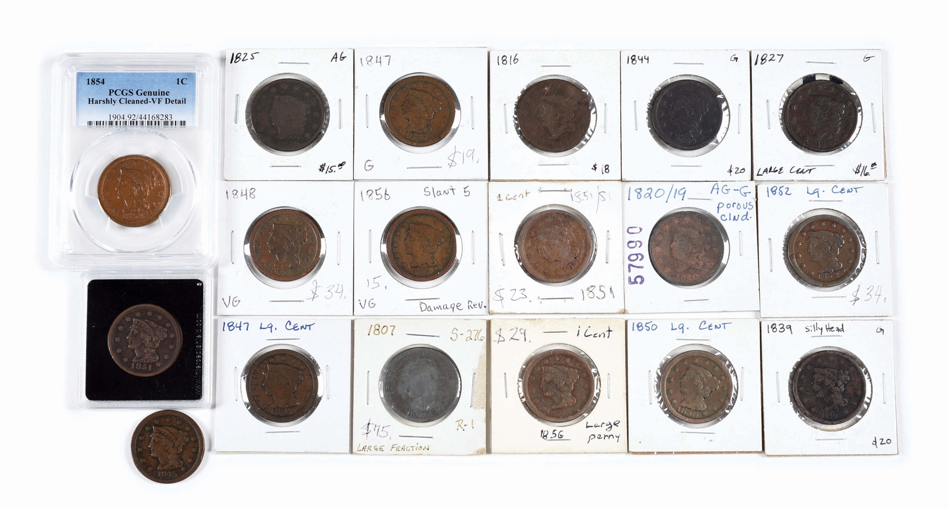 LOT OF 18: LARGE CENTS, NOT GRADED.