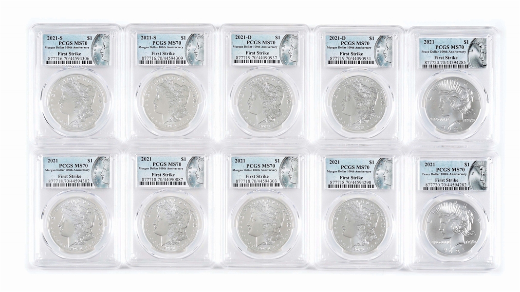 LOT OF 10: 8 2021 MORGAN SILVER DOLLARS AND 2 PEACE SILVER DOLLARS, PCGS.