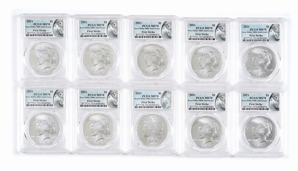 LOT OF 10: 2021 PEACE SILVER DOLLARS, ALL MS70 PCGS.