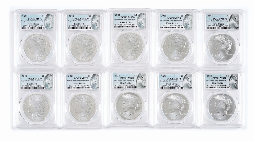 LOT OF 10: 2021 SILVER DOLLARS, 6 MORGAN AND 4 PEACE, ALL MS70 PCGS.