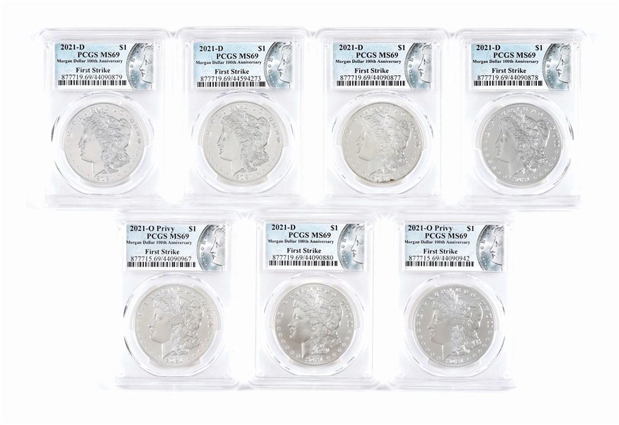 LOT OF 14: 2021 MORGAN AND PEACE SILVER DOLLARS, ALL PCGS.