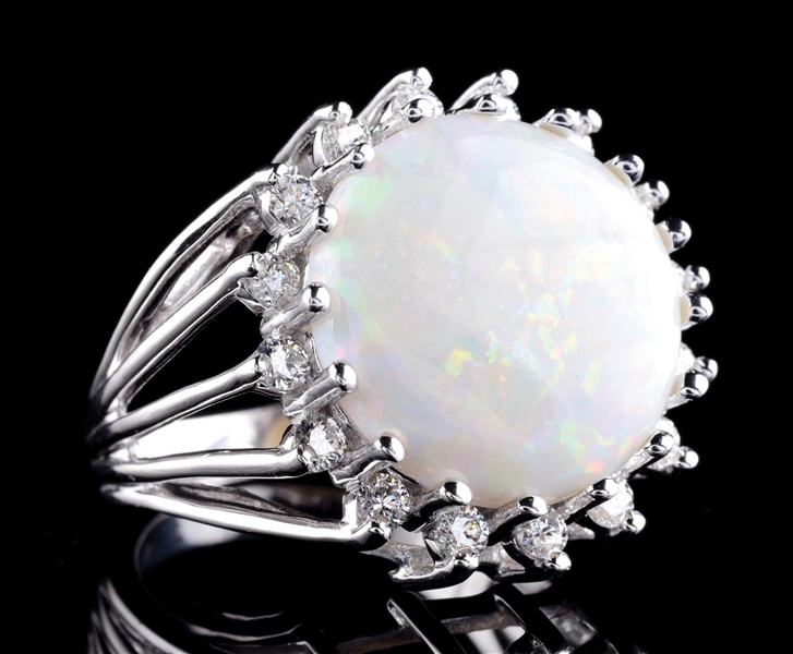 18K WHITE GOLD OPAL AND DIAMOND RING