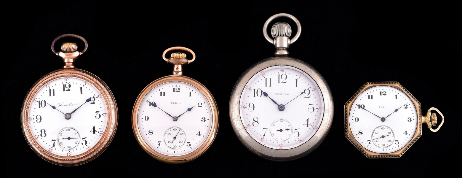 LOT OF 4: OPEN FACE AMERICAN POCKET WATCHES.