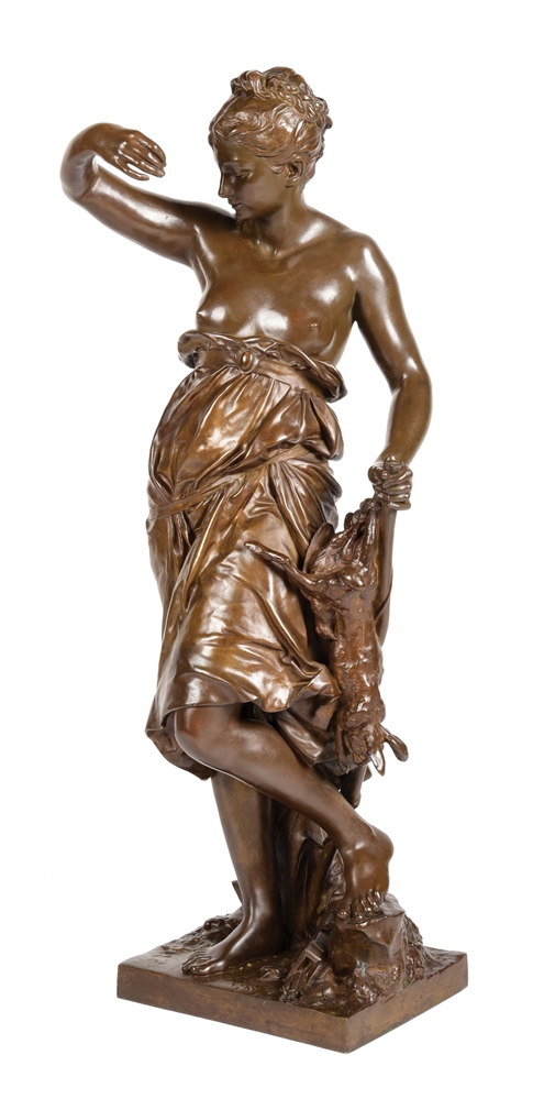 LARGE 19TH CENTURY BRONZE OF MAIDEN WITH RABBIT.