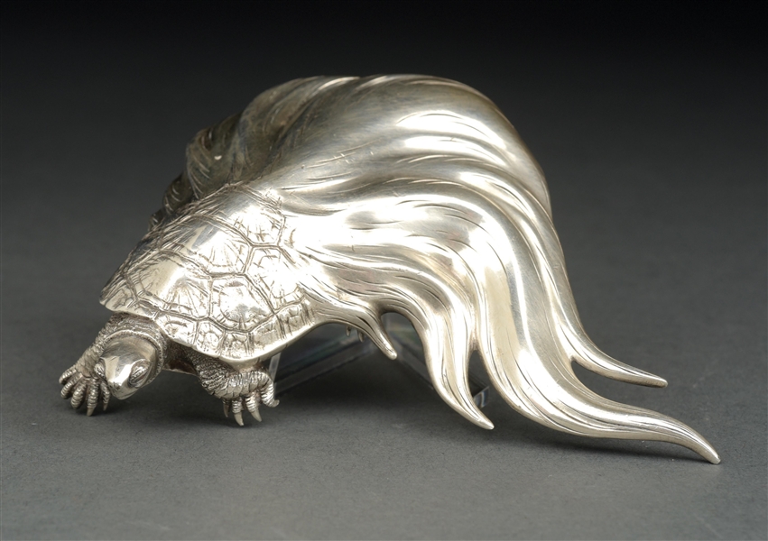 AN ASIAN SILVER FIGURINE OF A MYTHICAL TURTLE. 