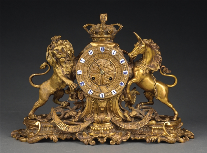 ENGLISH ROYAL COAT OF ARMS BRONZE MANTLE CLOCK W/FRENCH MOVEMENT.