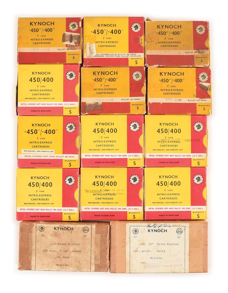 LOT OF 14: BOXES OF KYNOCH .450/400 NITRO EXPRESS AMMUNITION AND .450 PROJECTILES.