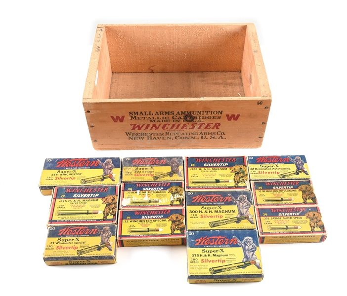LOT OF 12: CLASSIC WINCHESTER AND WESTERN BEAR BOXES IN A WINCHESTER CRATE.