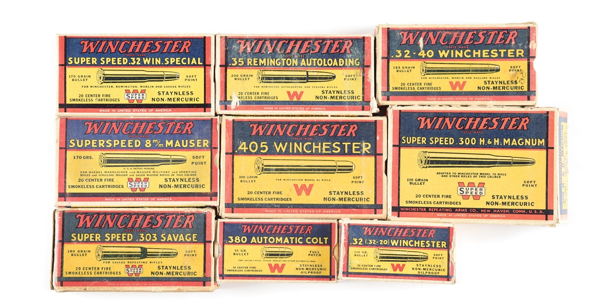 LOT OF 9: VINTAGE BOXES OF WINCHESTER AMMUNTION.