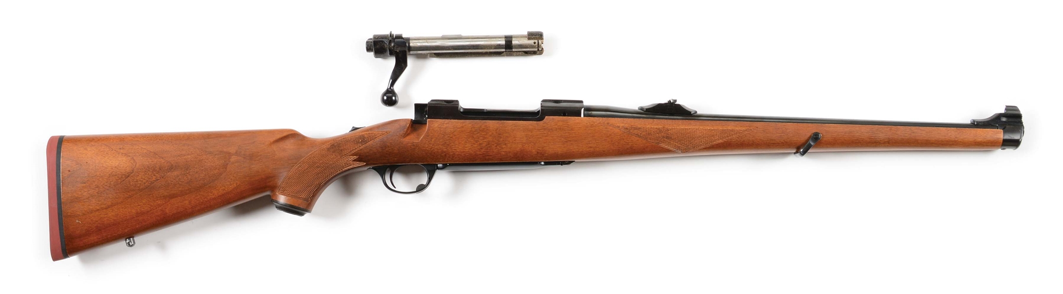 (M) RUGER M77 7X57 BOLT ACTION RIFLE WITH MANNLICHER STOCK AND BOX.