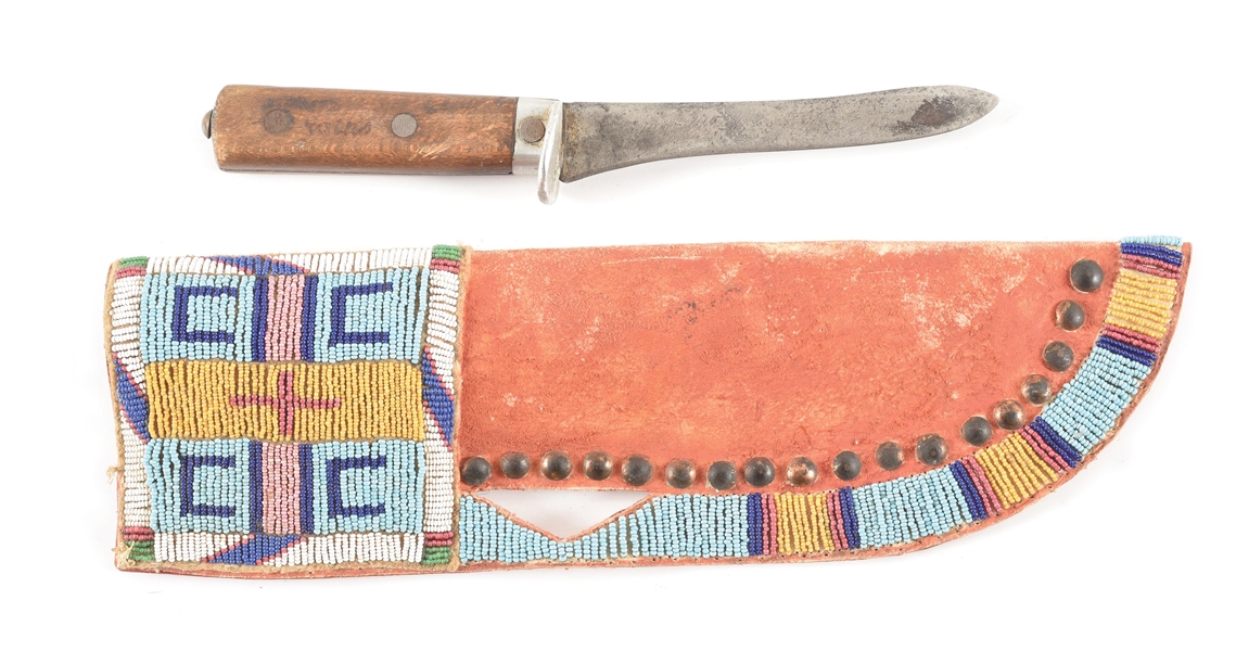 NATIVE AMERICAN KNIFE WITH BEADED SCABBARD.