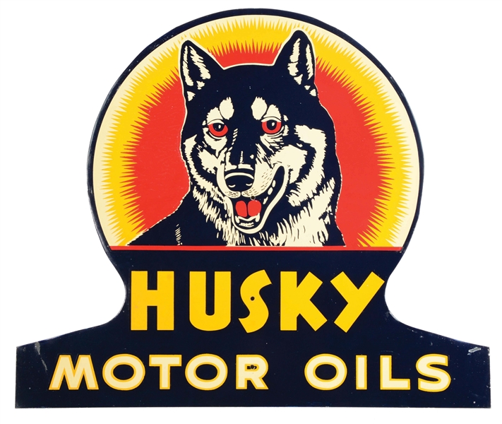 RARE & OUTSTANDING HUSKY MOTOR OILS DIE CUT TIN SERVICE STATION SIGN W/ HUSKY DOG GRAPHIC. 