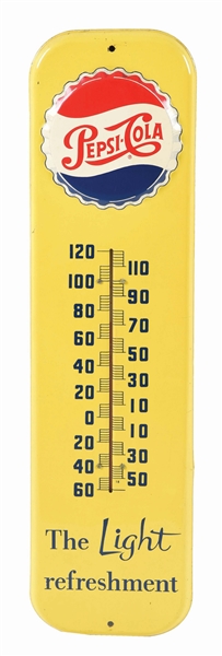 EMBOSSED TIN PEPSI-COLA "THE LIGHT REFRESHMENT" THERMOMETER.