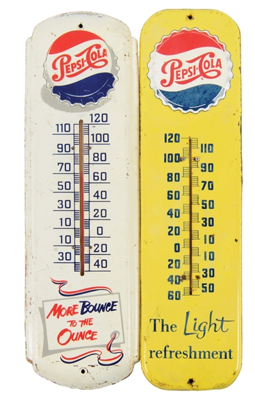 LOT OF 2: PAINTED TIN PEPSI-COLA THERMOMETERS.