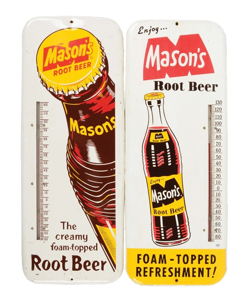 LOT OF 2: MASONS ROOT BEER PAINTED TIN THERMOMETERS.