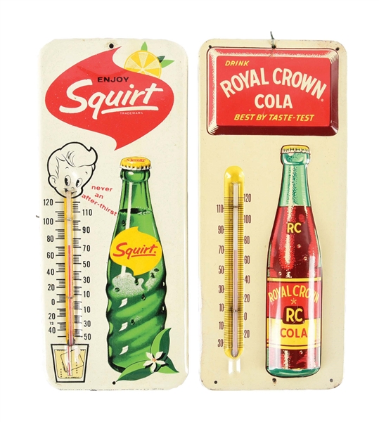 LOT OF 2: SQUIRT AND ROYAL CROWN THERMOMETERS.
