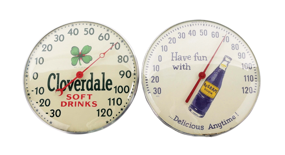 LOT OF 2: CLOVERDALE AND NU GRAPE THERMOMETERS.