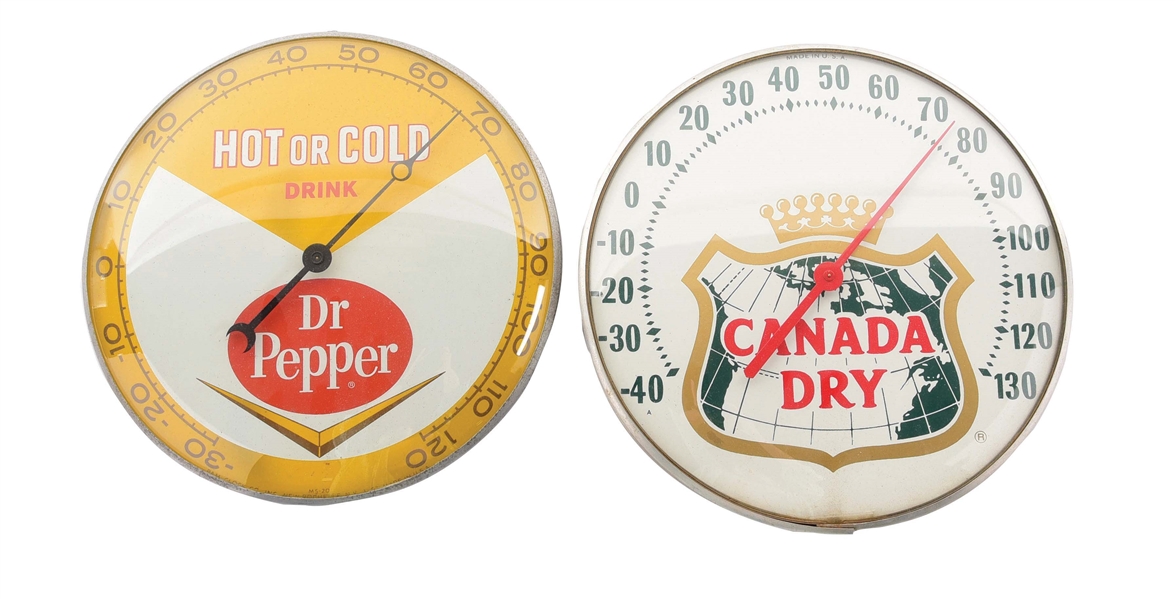LOT OF 2: DR PEPPER AND CANADA DRY THERMOMETERS.