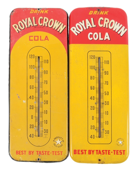 LOT OF 2: ROYAL CROWN COLA TIN THERMOMETERS.
