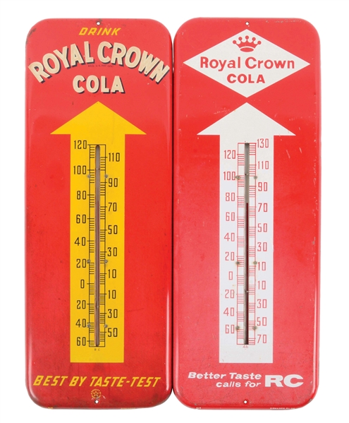 LOT OF 2: ROYAL CROWN COLA TIN THERMOMETERS.
