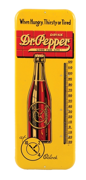 VERY NICE CONDITION DR PEPPER 10, 2 AND 4 OCLOCK PAINTED METAL THERMOMETER.